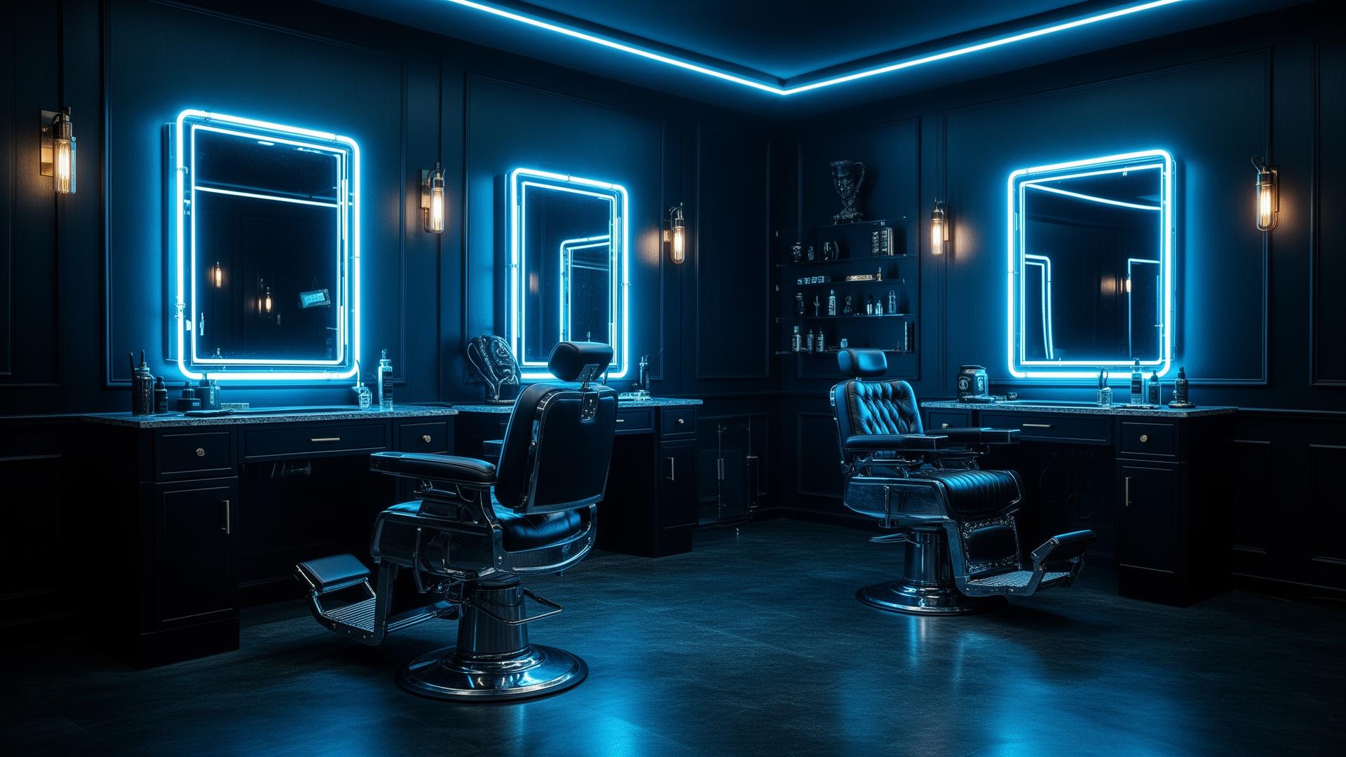 Barbearia premium com iluminação neon azul
